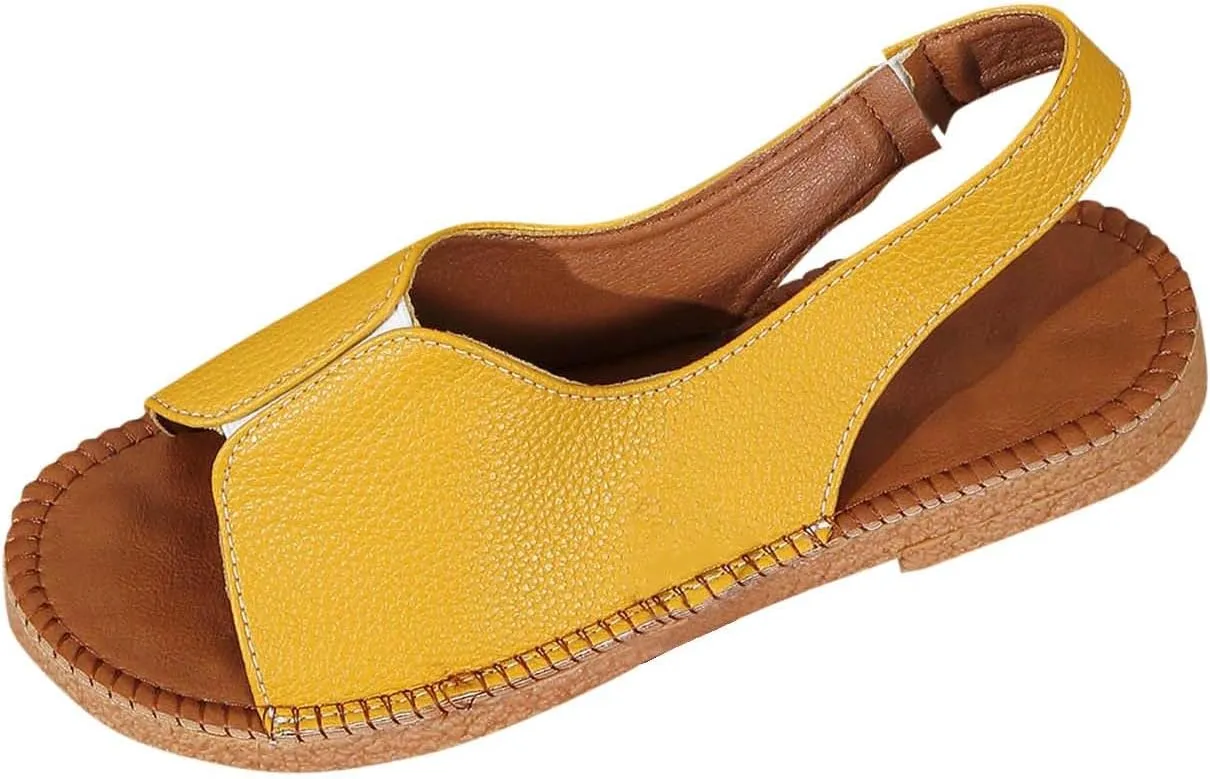 2025 Summer New Shoes for Women, Women's Flat Sandals PU Leather Open Toe Slingback Comfort Casual Walking Sandals