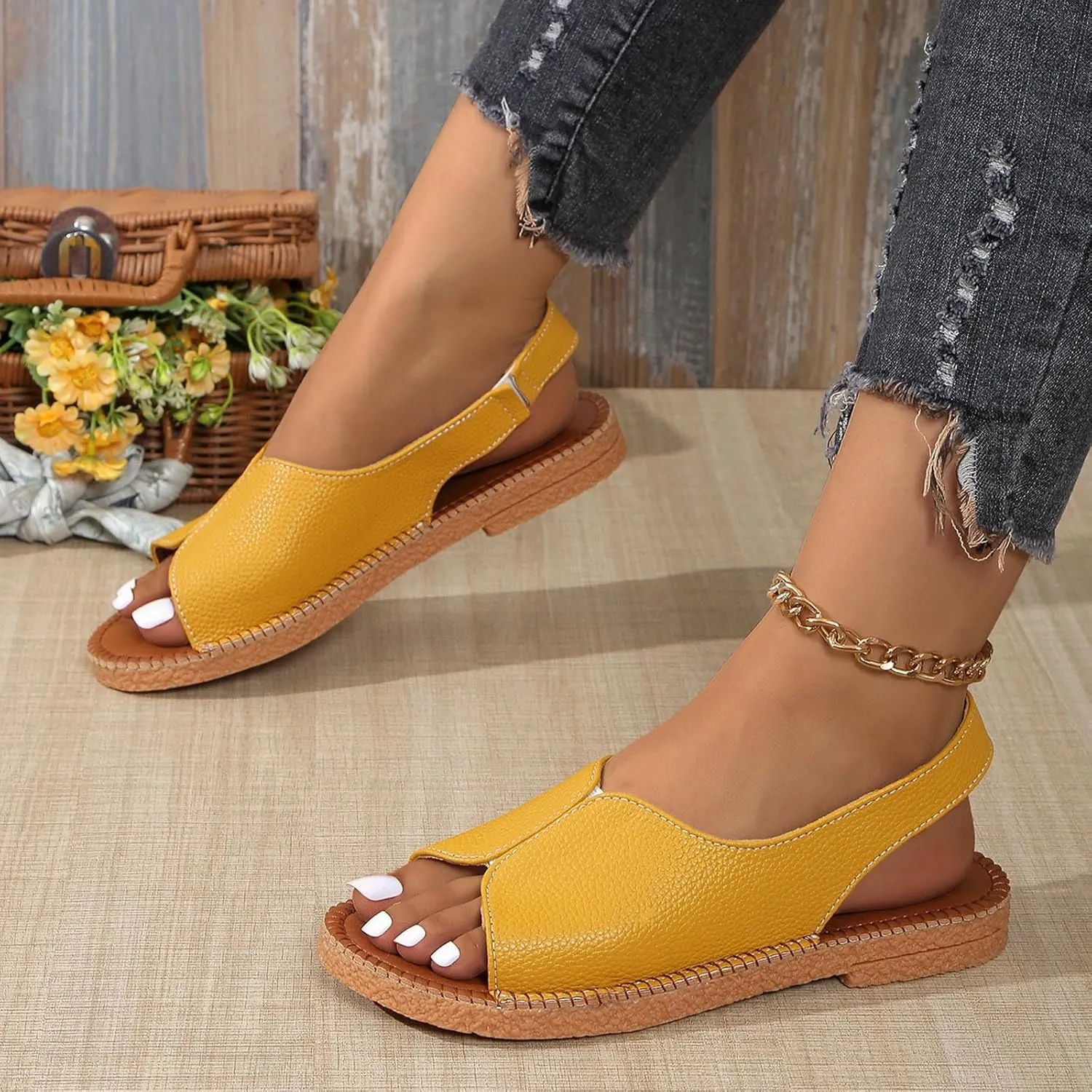 2025 Summer New Shoes for Women, Women's Flat Sandals PU Leather Open Toe Slingback Comfort Casual Walking Sandals