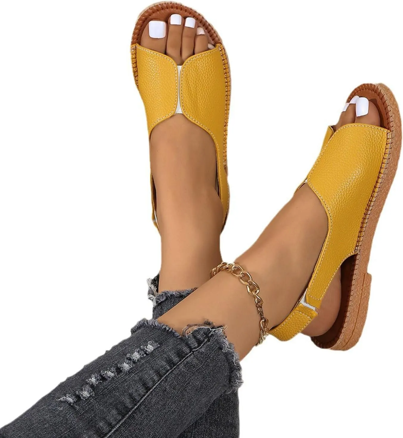 2025 Summer New Shoes for Women, Women's Flat Sandals PU Leather Open Toe Slingback Comfort Casual Walking Sandals