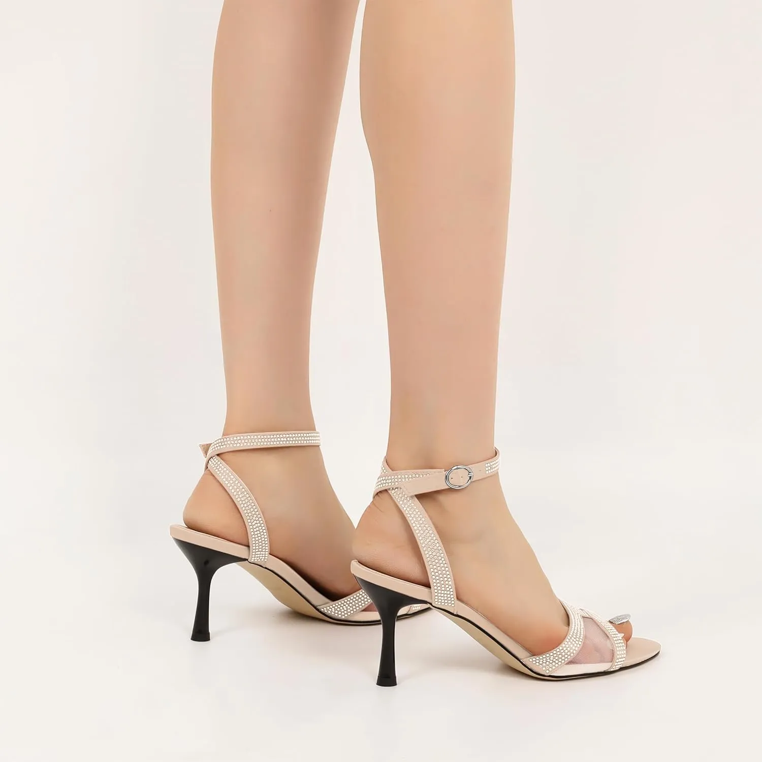 AUMOTED Mesh Heels for Women Open Toe Stiletto Heels Backless Strap Dress Shoes 2.7 Inch Sexy Kitten Sandals