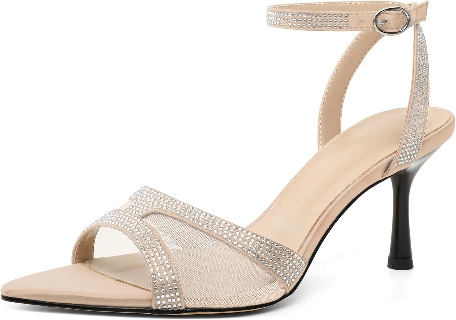 AUMOTED Mesh Heels for Women Open Toe Stiletto Heels Backless Strap Dress Shoes 2.7 Inch Sexy Kitten Sandals