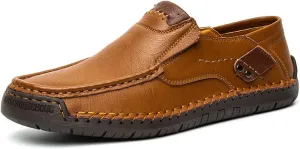 AUNTHUI Men's Slip-On Loafers &Slip-Ons,Hand-Stitched Soft Non-Slip Comfortable Casual Leather Shoes,Outdoor Wide Driving Shoes