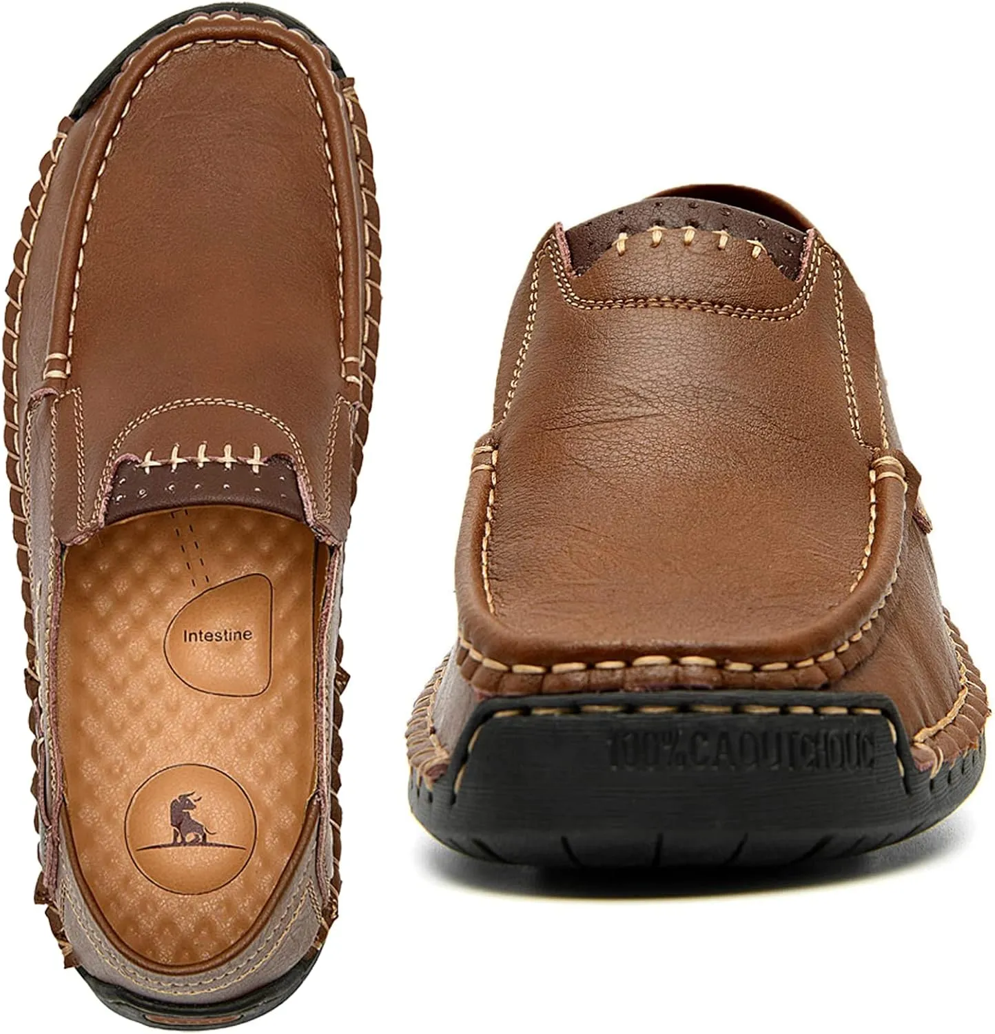 AUNTHUI Men's Slip-On Loafers &Slip-Ons,Hand-Stitched Soft Non-Slip Comfortable Casual Leather Shoes,Outdoor Wide Driving Shoes