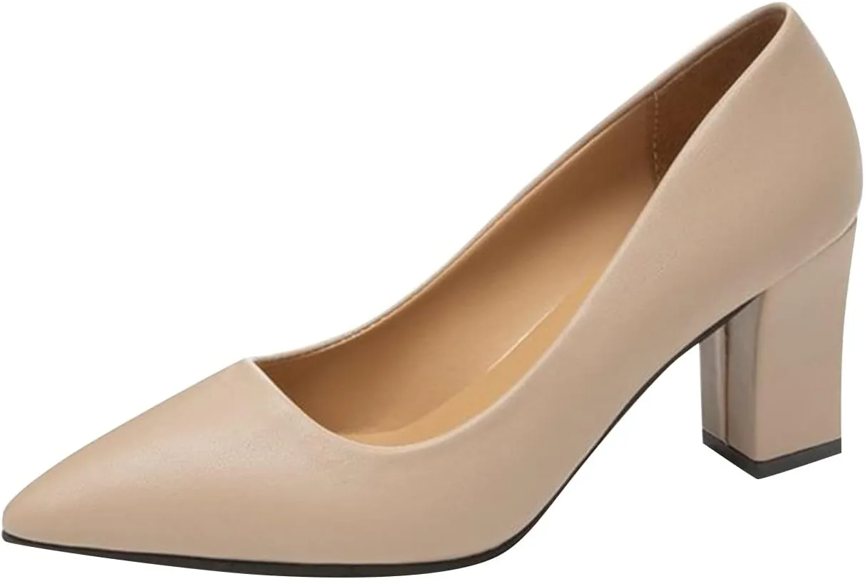 Black Heels Women's Chunky Block Dress Shoes Closed Pointed Toe Loafers Comfort Slip-Ons Casual Shoe Work Shoes