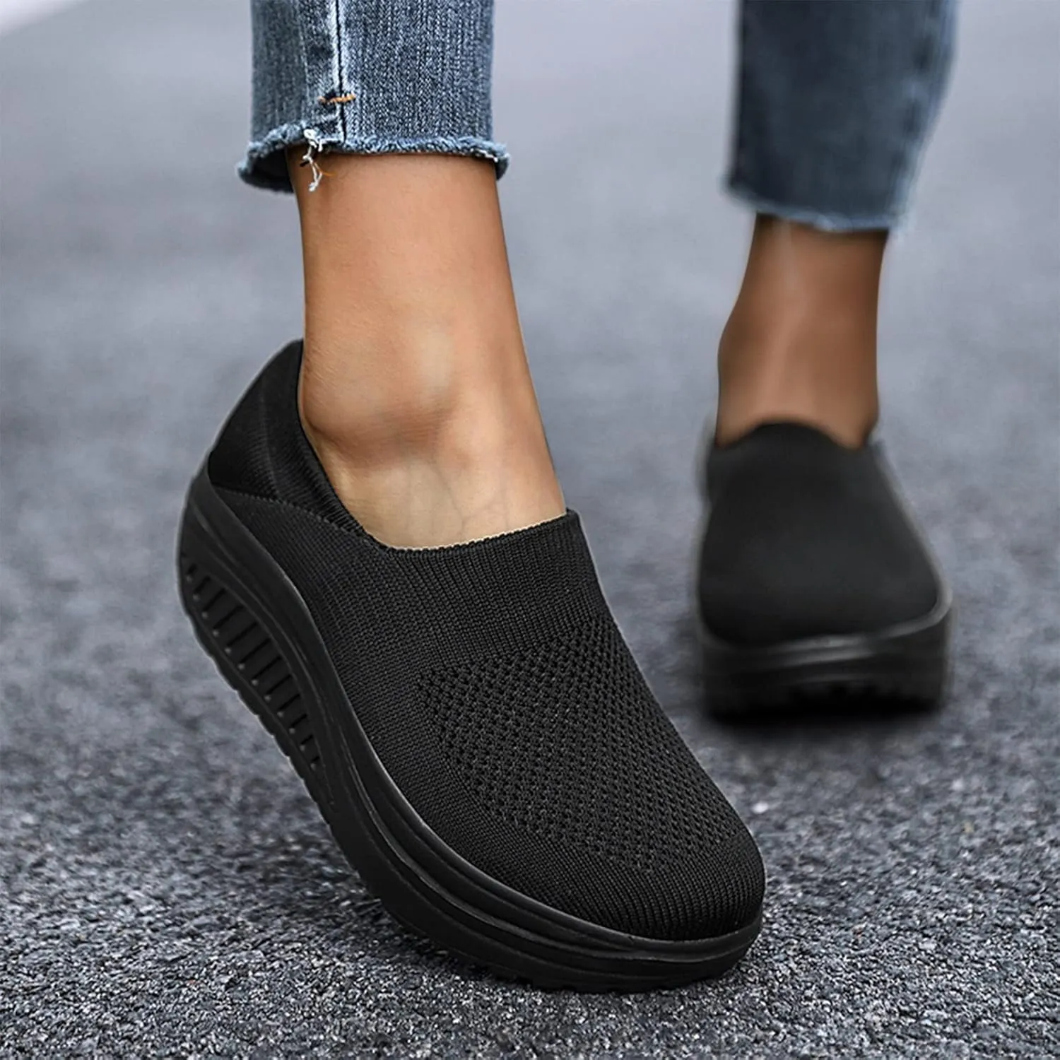Black Platform Sneakers for Women Comfy Walking Shoes for Women Slip On Womens Casual Shoes Slip Ons Sneakers Womens Black Platform Fashion Sneakers Womens Shoes Slip On Dressy Casual Size 5.5