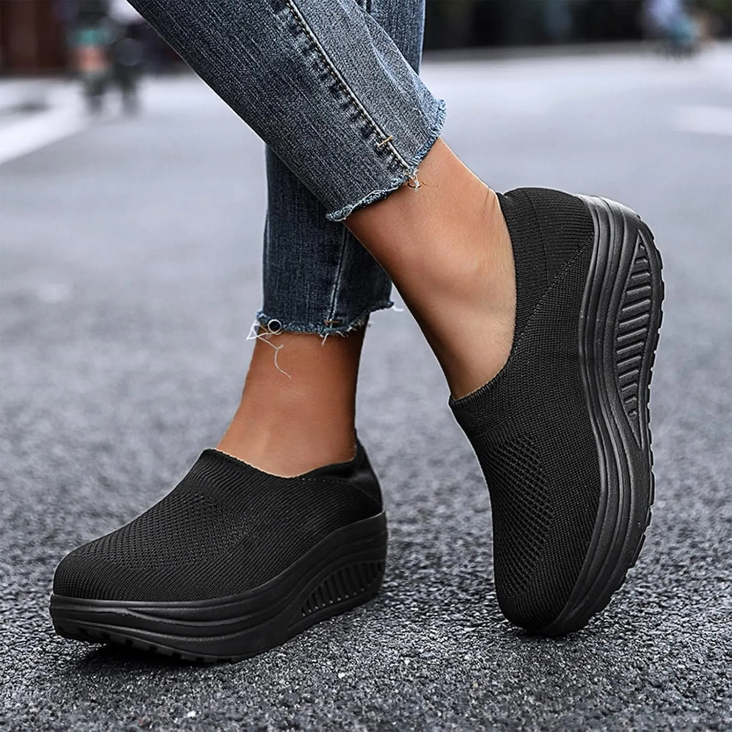 Black Platform Sneakers for Women Comfy Walking Shoes for Women Slip On Womens Casual Shoes Slip Ons Sneakers Womens Black Platform Fashion Sneakers Womens Shoes Slip On Dressy Casual Size 5.5