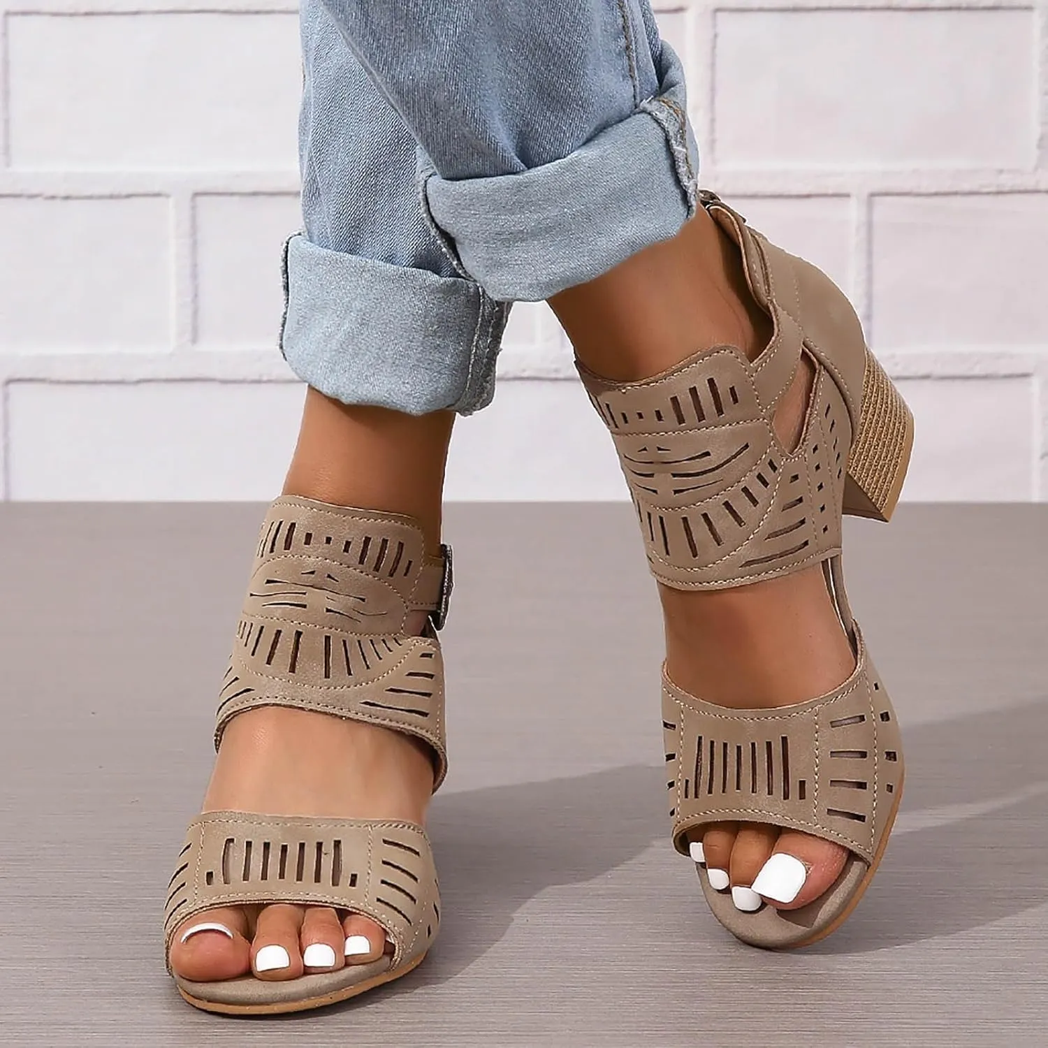 Block Heel Sandals for Women,Comfortable Open Toe Low Chunky Heels Dress Womens Cut Out Back Zipper Beach Dressy Summer High Heeled Adjustable Ankle Strap Women Platform Fashion Cutout Caged Shoes