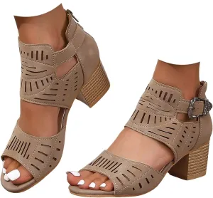 Block Heel Sandals for Women,Comfortable Open Toe Low Chunky Heels Dress Womens Cut Out Back Zipper Beach Dressy Summer High Heeled Adjustable Ankle Strap Women Platform Fashion Cutout Caged Shoes