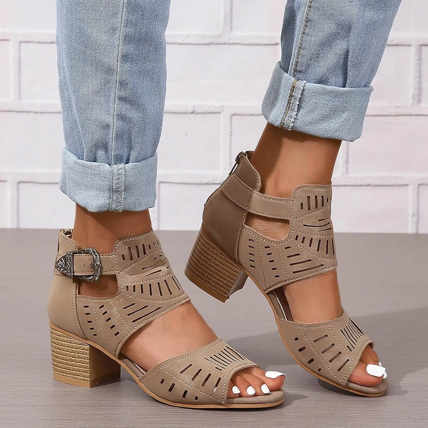 Block Heel Sandals for Women,Comfortable Open Toe Low Chunky Heels Dress Womens Cut Out Back Zipper Beach Dressy Summer High Heeled Adjustable Ankle Strap Women Platform Fashion Cutout Caged Shoes