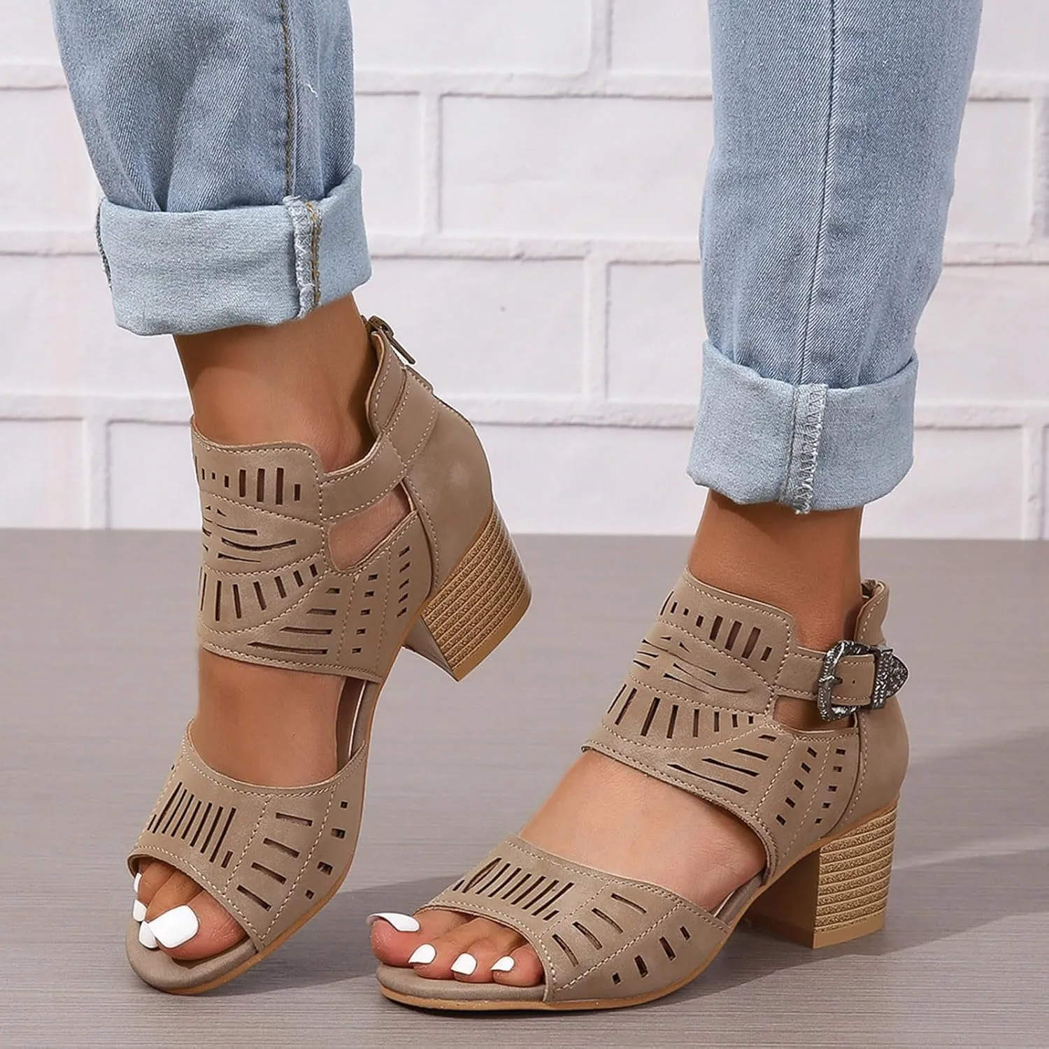 Block Heel Sandals for Women,Comfortable Open Toe Low Chunky Heels Dress Womens Cut Out Back Zipper Beach Dressy Summer High Heeled Adjustable Ankle Strap Women Platform Fashion Cutout Caged Shoes