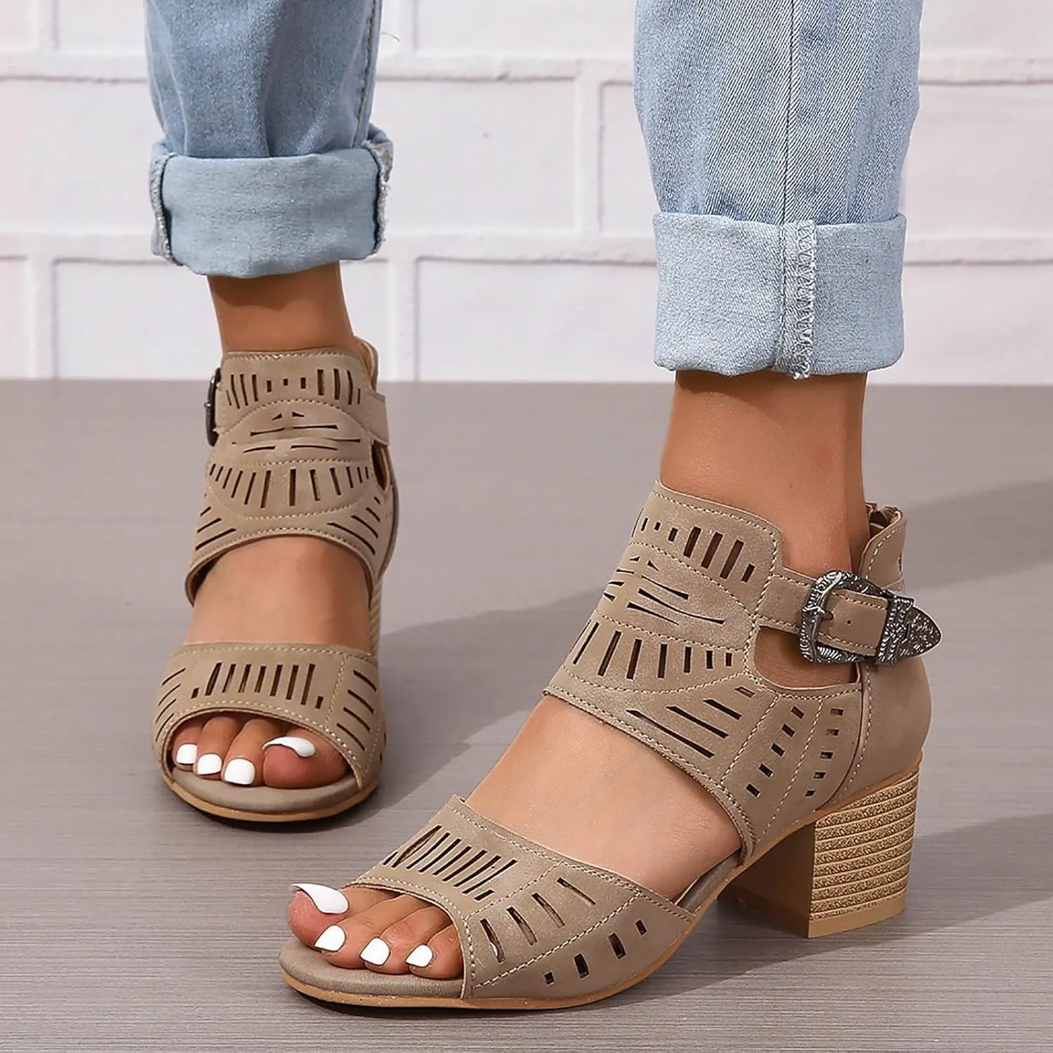 Block Heel Sandals for Women,Comfortable Open Toe Low Chunky Heels Dress Womens Cut Out Back Zipper Beach Dressy Summer High Heeled Adjustable Ankle Strap Women Platform Fashion Cutout Caged Shoes