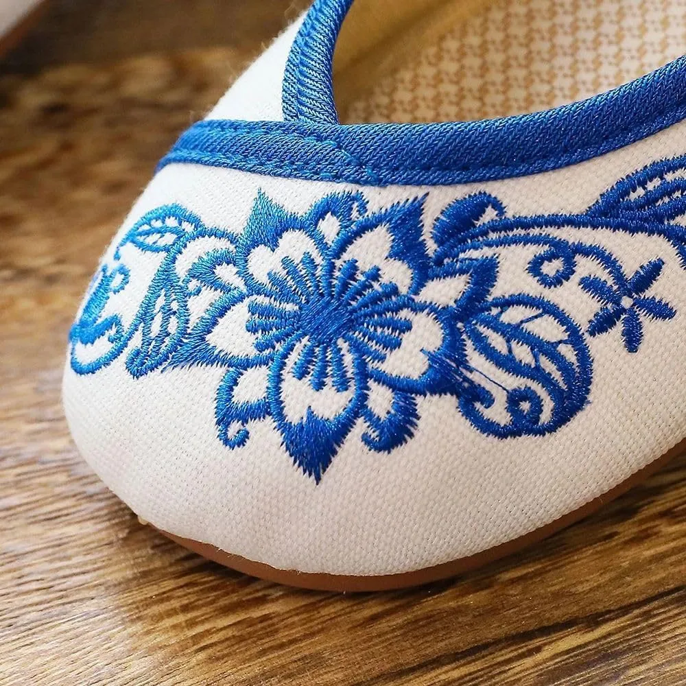 Blue Flowers Embroidered Women's Canvas Ballet Flats Vintage Chinese Style Ladies Casual Ankle Strap Cotton Shoes