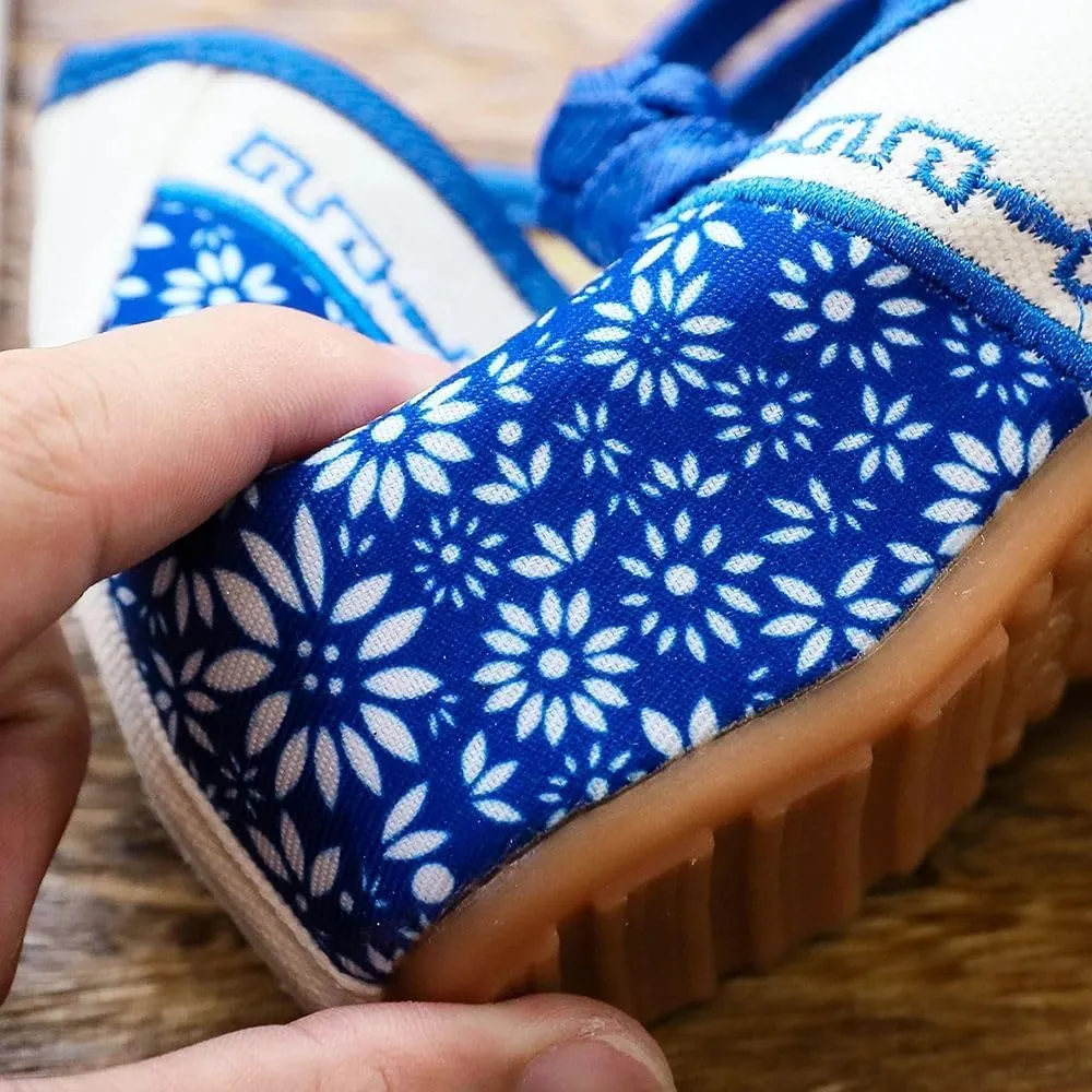Blue Flowers Embroidered Women's Canvas Ballet Flats Vintage Chinese Style Ladies Casual Ankle Strap Cotton Shoes