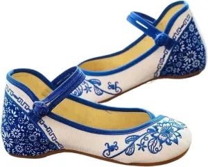 Blue Flowers Embroidered Women's Canvas Ballet Flats Vintage Chinese Style Ladies Casual Ankle Strap Cotton Shoes