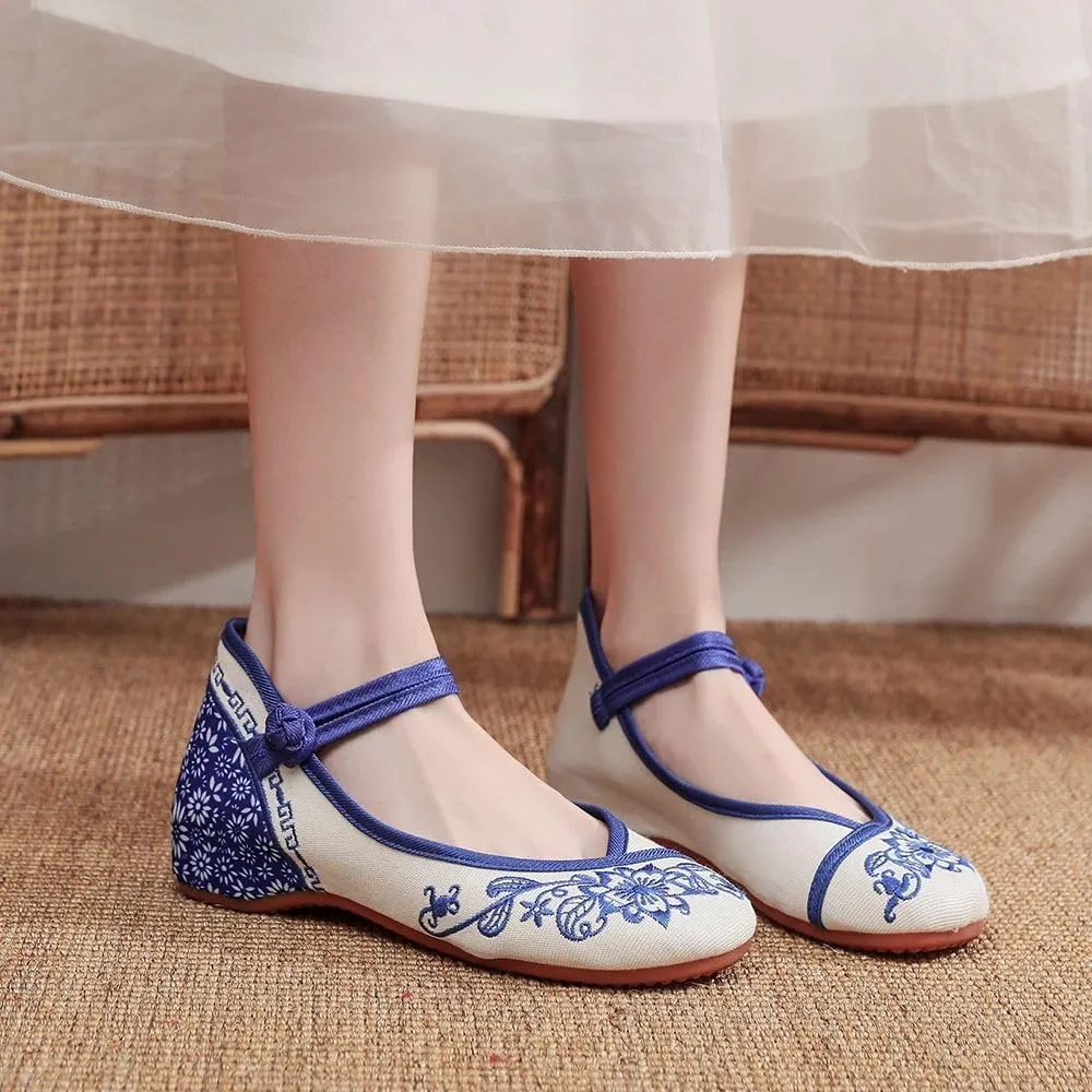 Blue Flowers Embroidered Women's Canvas Ballet Flats Vintage Chinese Style Ladies Casual Ankle Strap Cotton Shoes