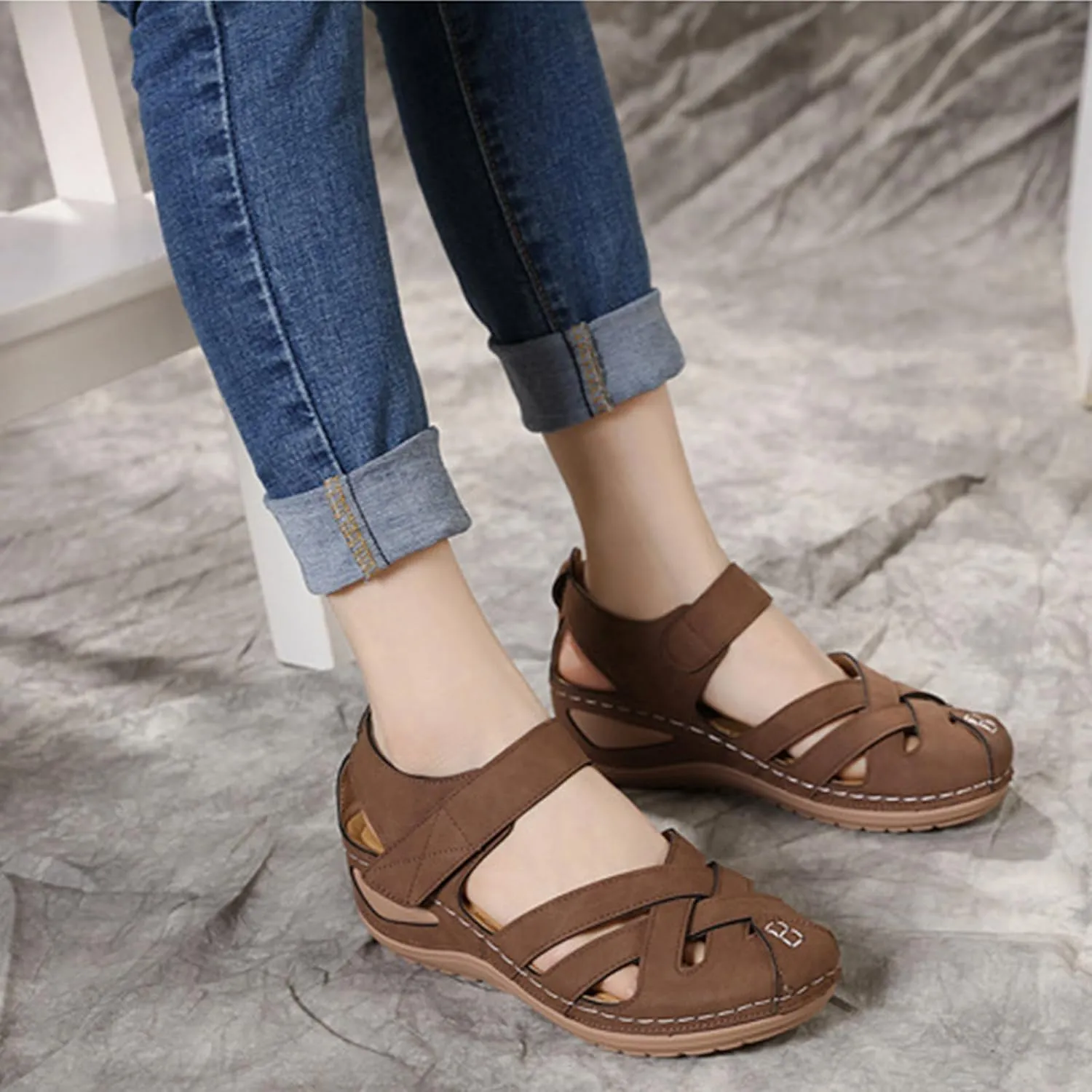Closed Toe Sandals for Women Dressy Summer Wedge Sandal Fisherman Comfortable Hollow Out Flat Sandals Ankle Strap Cage Roman Shoes Travel Vacation Walking Shoes