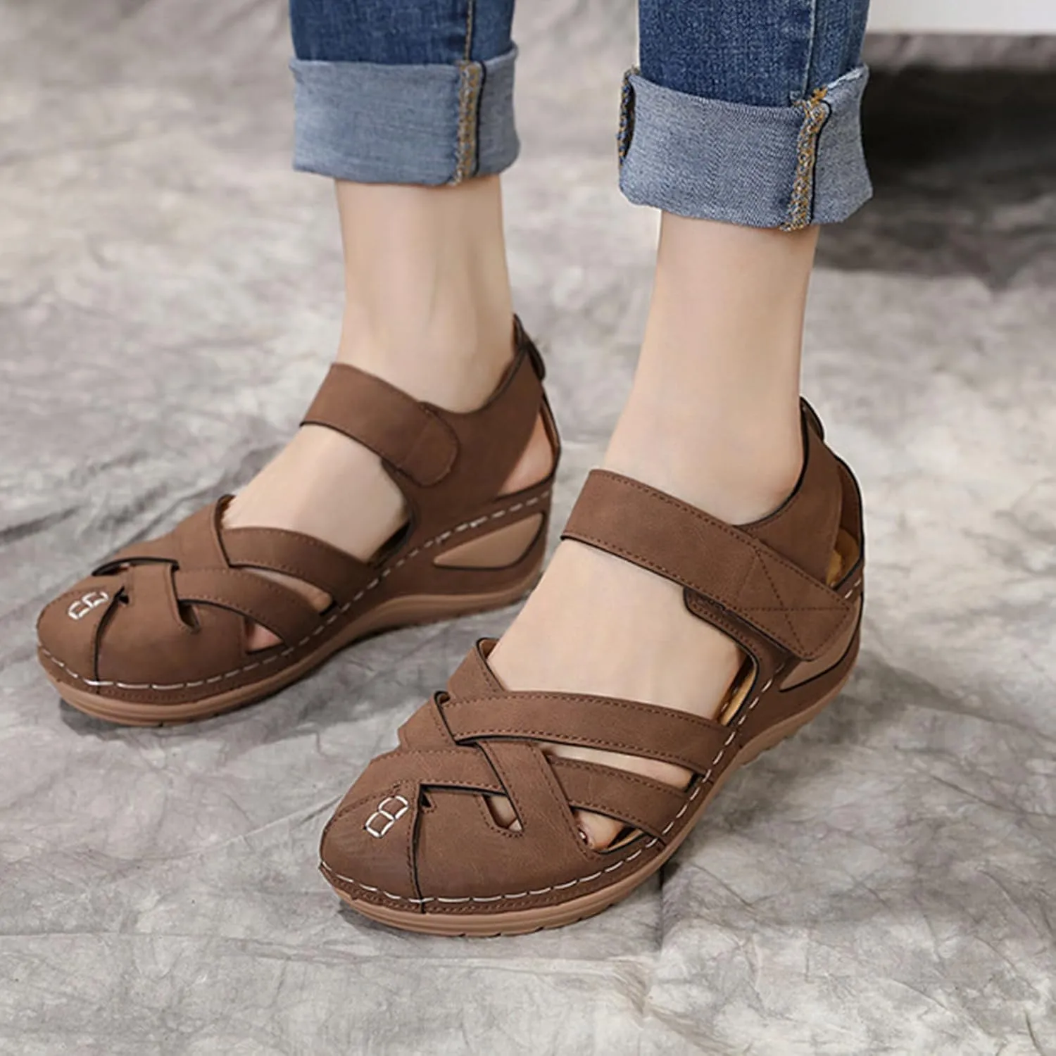 Closed Toe Sandals for Women Dressy Summer Wedge Sandal Fisherman Comfortable Hollow Out Flat Sandals Ankle Strap Cage Roman Shoes Travel Vacation Walking Shoes