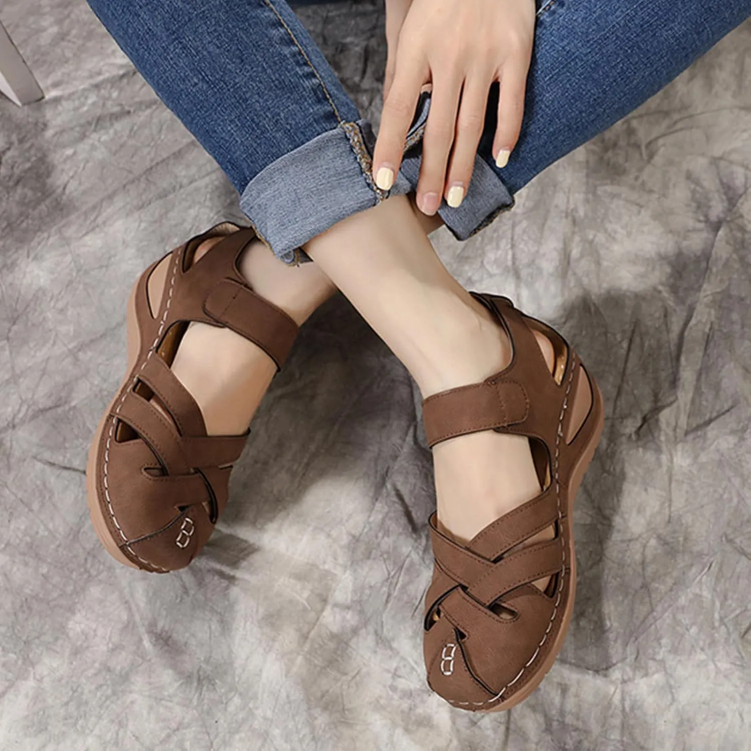 Closed Toe Sandals for Women Dressy Summer Wedge Sandal Fisherman Comfortable Hollow Out Flat Sandals Ankle Strap Cage Roman Shoes Travel Vacation Walking Shoes