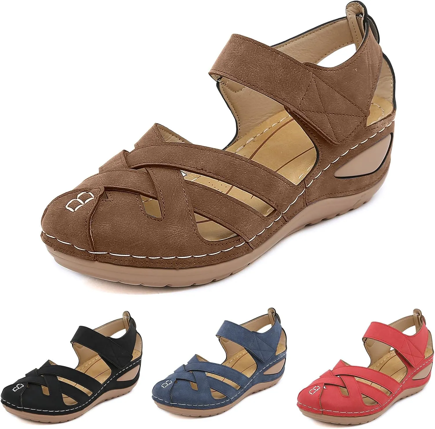 Closed Toe Sandals for Women Dressy Summer Wedge Sandal Fisherman Comfortable Hollow Out Flat Sandals Ankle Strap Cage Roman Shoes Travel Vacation Walking Shoes