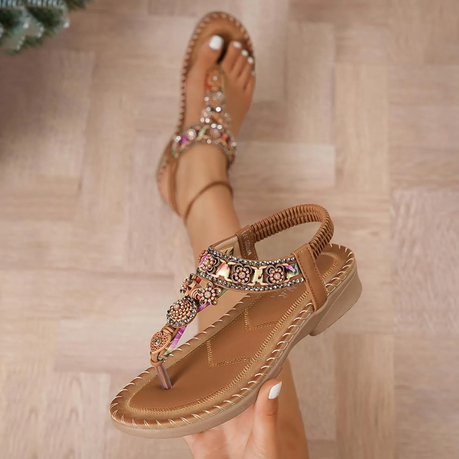 Comfortable Slip on Slide Sandals for Women Ankle Elastic Jeweled Bohemian Flats Arch Support Flat Sandals