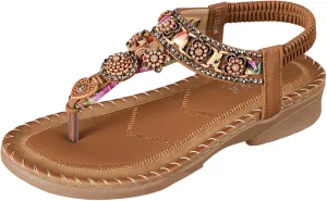 Comfortable Slip on Slide Sandals for Women Ankle Elastic Jeweled Bohemian Flats Arch Support Flat Sandals