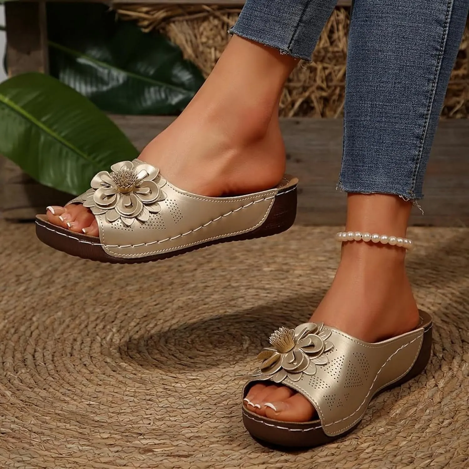 Comfortable Sports Sandals for Women Orthopedic Slip On Arch Support Walking Sandals Soft Cushion Memory Foam Slippers Fashion Flower Outdoor Shoes