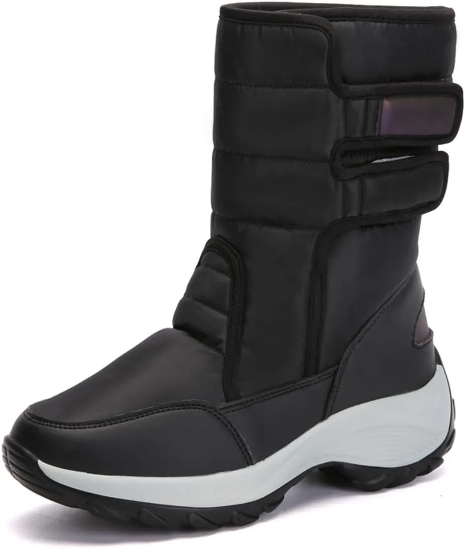 Cozy Fur Lined Waterproof Mid Calf Booties for Women - Slip On Outdoor Winter Shoes - Stylish Fleece Insulated Snow Boots