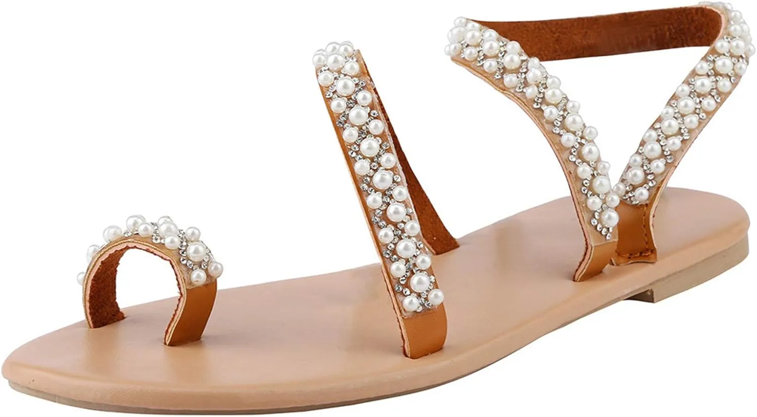 Dressy Sandals for Women Pearl Rhinestone Shoes Trendy Strappy Toe Ring Low Wedges Beach Wedding Flat Slides
