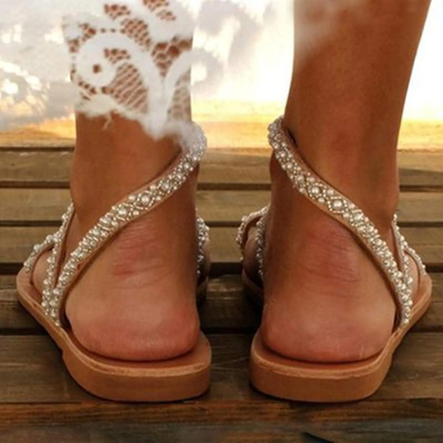 Dressy Sandals for Women Pearl Rhinestone Shoes Trendy Strappy Toe Ring Low Wedges Beach Wedding Flat Slides