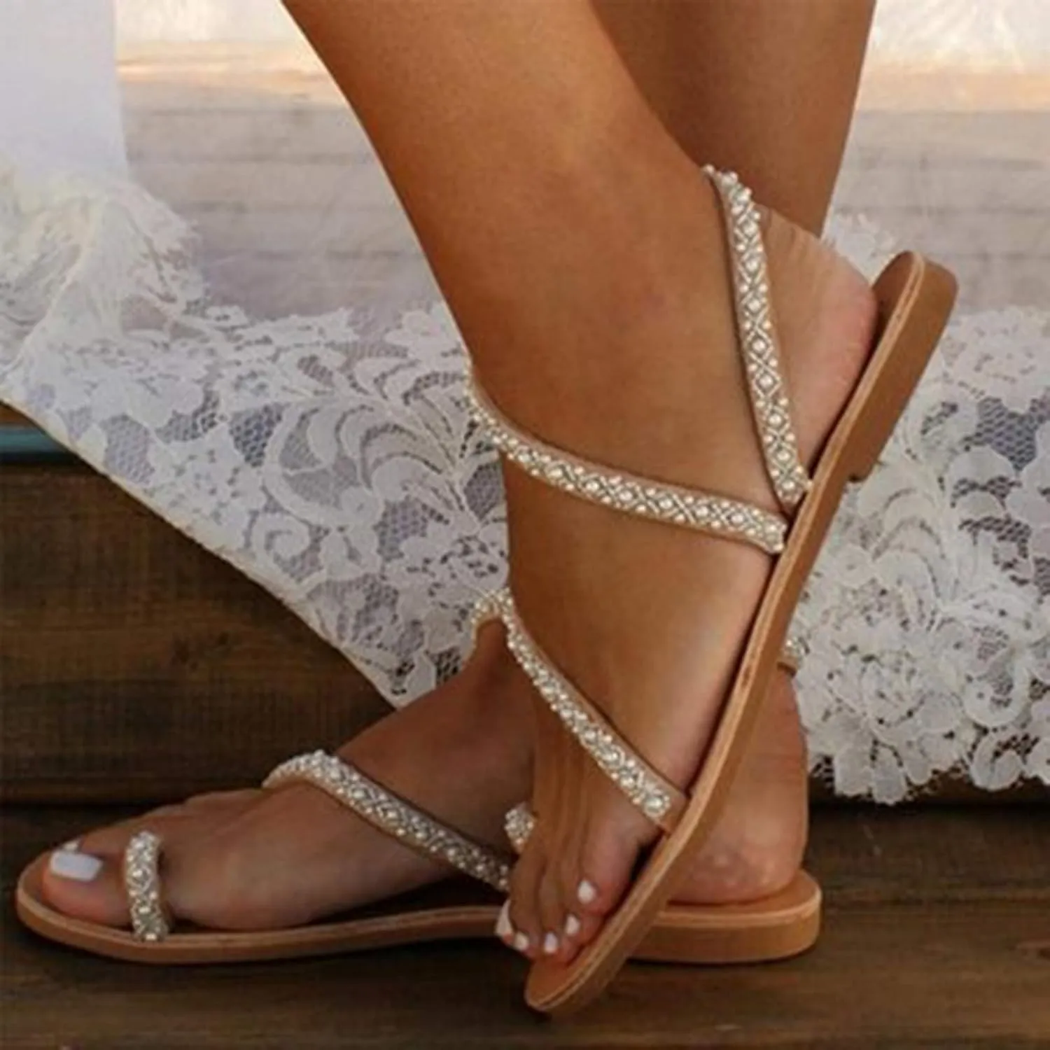 Dressy Sandals for Women Pearl Rhinestone Shoes Trendy Strappy Toe Ring Low Wedges Beach Wedding Flat Slides