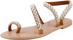 Dressy Sandals for Women Pearl Rhinestone Shoes Trendy Strappy Toe Ring Low Wedges Beach Wedding Flat Slides