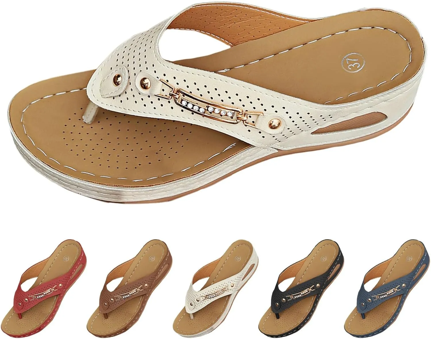Fashion Sandals for Women - Arch Support Wedge Flip Flops, Summer 2025 Comfortable Dressy Casual Beach Slippers with Gold-Plated and Diamond-Encrusted Accessory