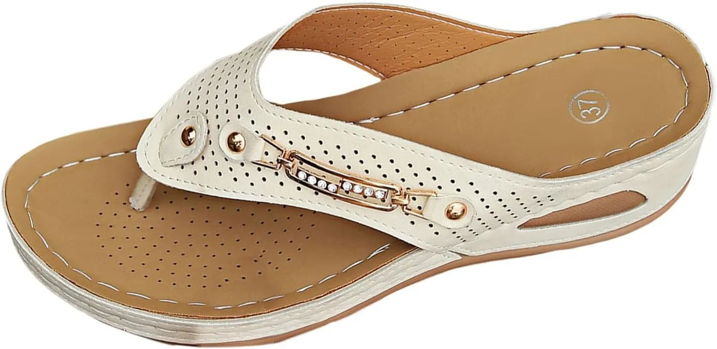 Fashion Sandals for Women - Arch Support Wedge Flip Flops, Summer 2025 Comfortable Dressy Casual Beach Slippers with Gold-Plated and Diamond-Encrusted Accessory