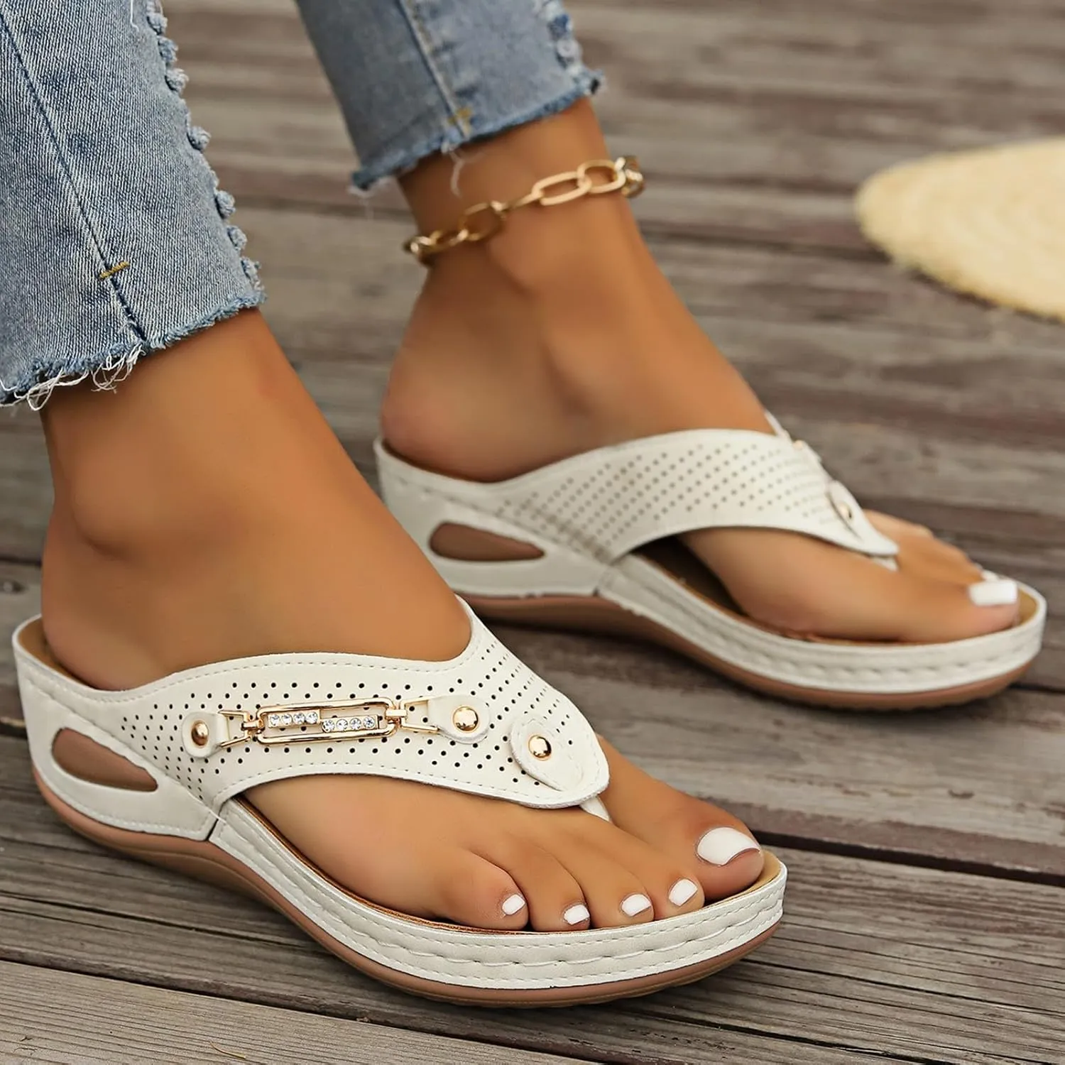 Fashion Sandals for Women - Arch Support Wedge Flip Flops, Summer 2025 Comfortable Dressy Casual Beach Slippers with Gold-Plated and Diamond-Encrusted Accessory