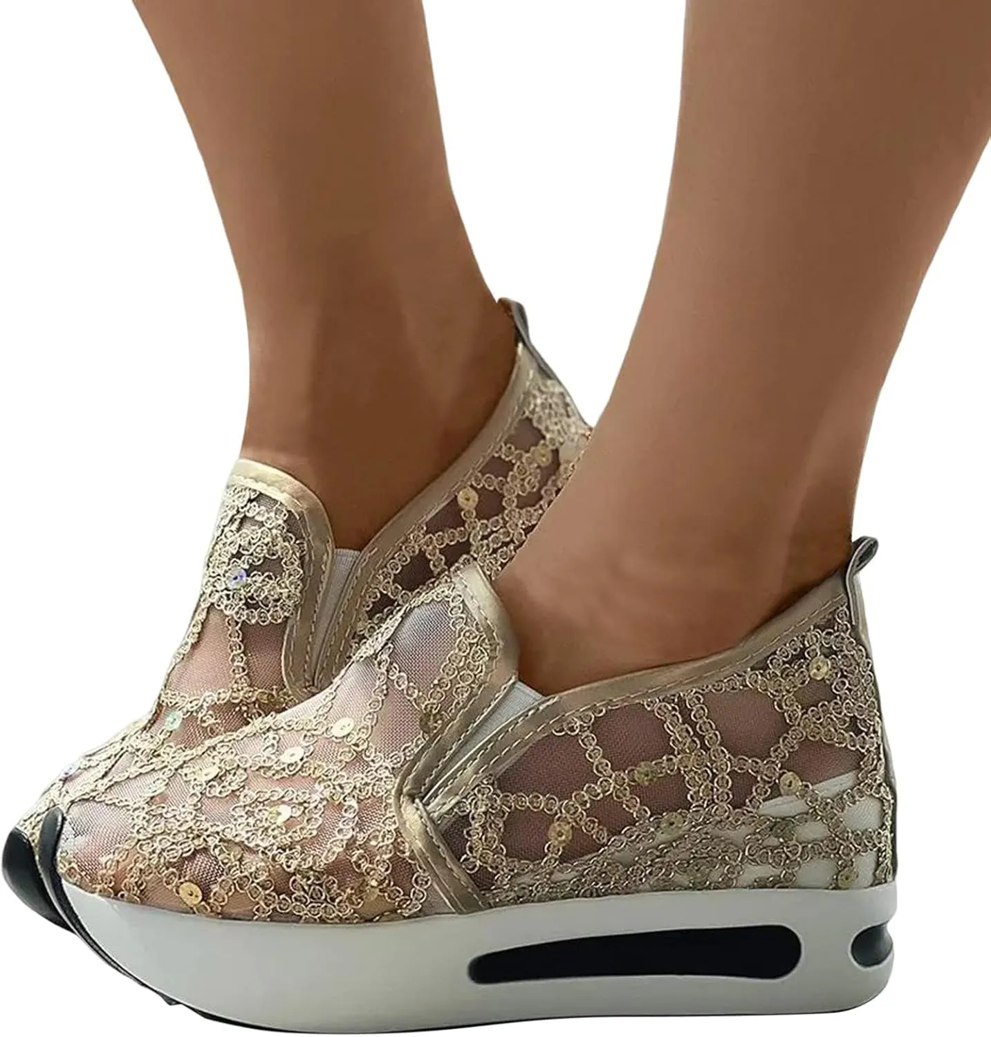 Fashion Sneakers for Women Platform Slip On Sneakers Floral Embroidery Breathable Sheer Mesh Lace Sneaker Dressy Casual Walking Shoes Comfortable Casual Wedge Slip On Work Shoes