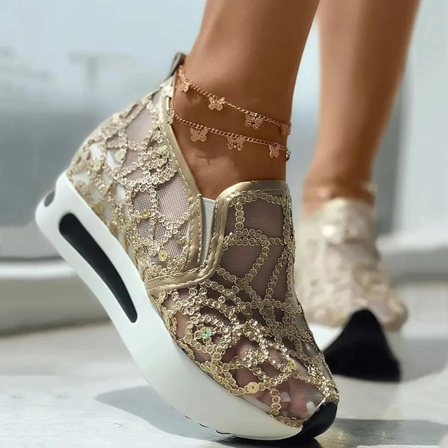 Fashion Sneakers for Women Platform Slip On Sneakers Floral Embroidery Breathable Sheer Mesh Lace Sneaker Dressy Casual Walking Shoes Comfortable Casual Wedge Slip On Work Shoes