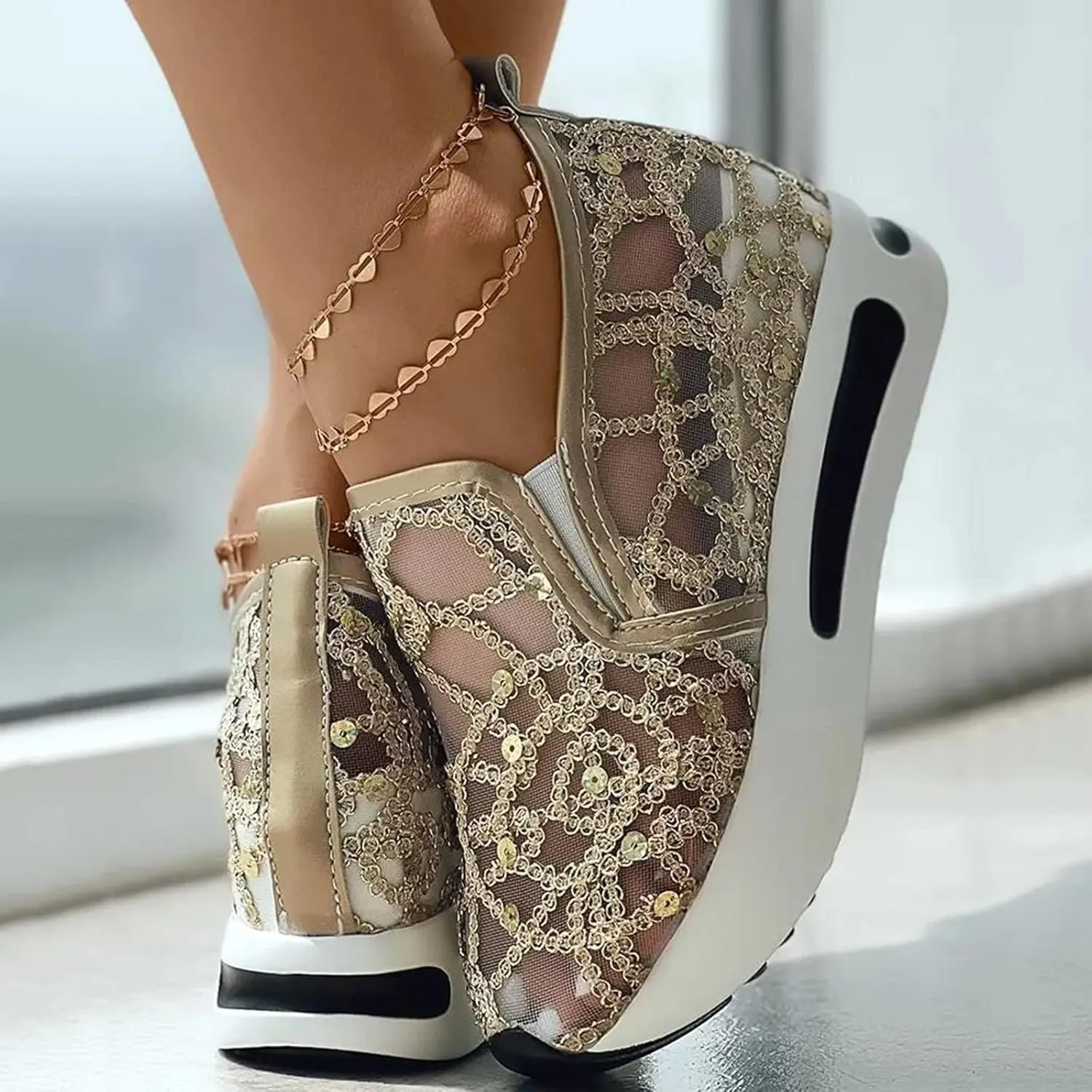 Fashion Sneakers for Women Platform Slip On Sneakers Floral Embroidery Breathable Sheer Mesh Lace Sneaker Dressy Casual Walking Shoes Comfortable Casual Wedge Slip On Work Shoes