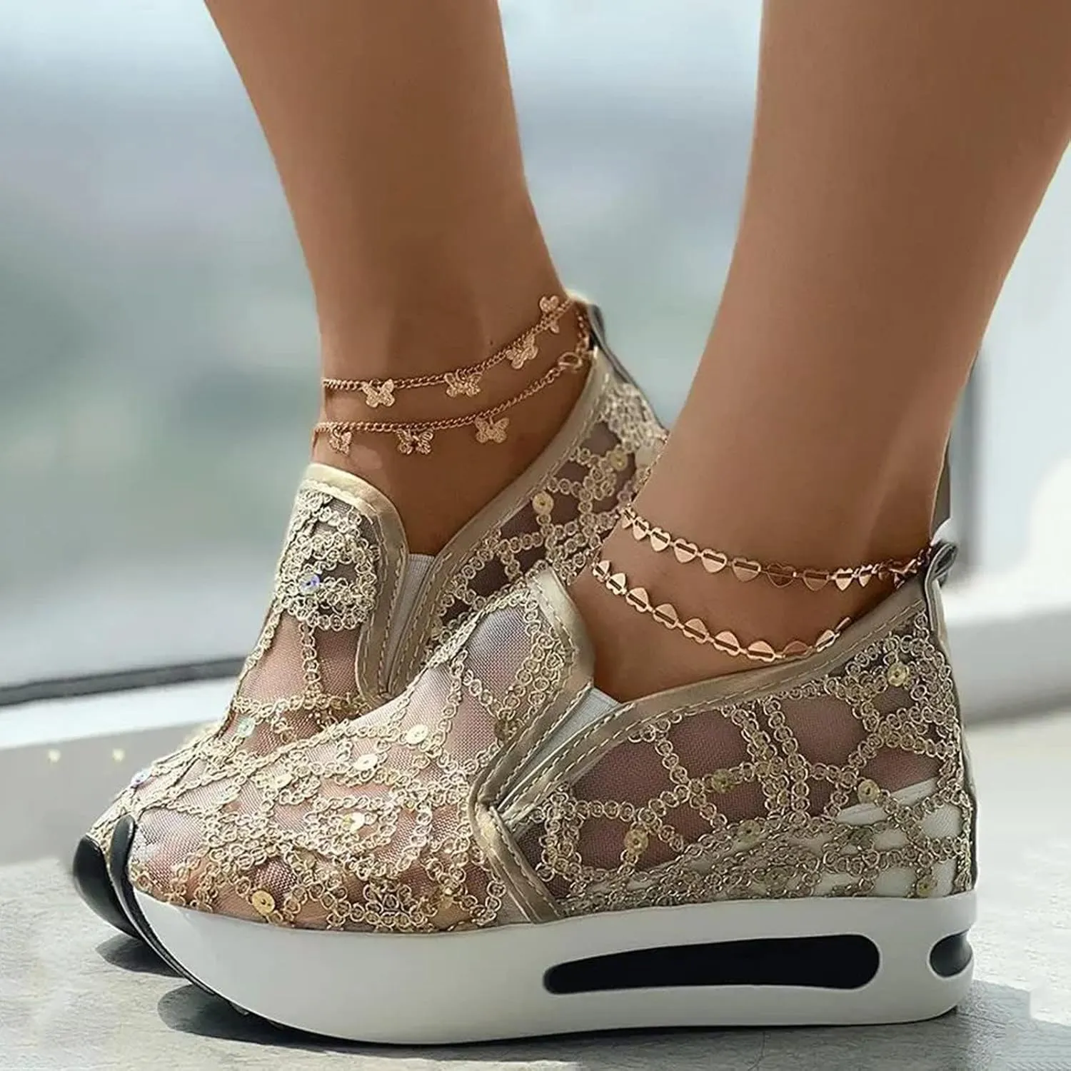 Fashion Sneakers for Women Platform Slip On Sneakers Floral Embroidery Breathable Sheer Mesh Lace Sneaker Dressy Casual Walking Shoes Comfortable Casual Wedge Slip On Work Shoes