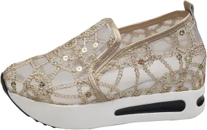 Fashion Sneakers for Women Platform Slip On Sneakers Floral Embroidery Breathable Sheer Mesh Lace Sneaker Dressy Casual Walking Shoes Comfortable Casual Wedge Slip On Work Shoes