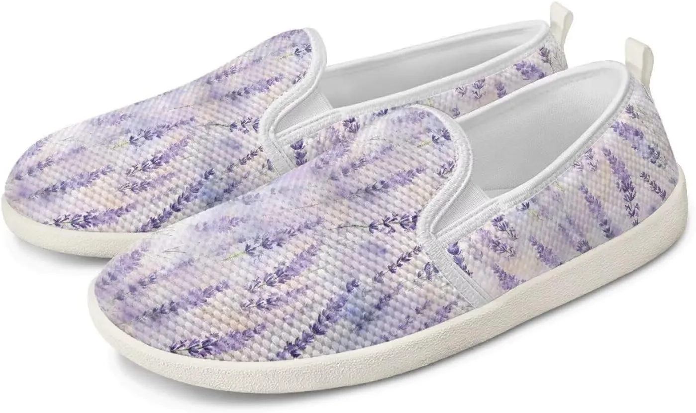 Fashion Sneakers for Women Printing Shoes Lightweight Walking Casual Slip Ons Comfortable Art Painted Soft Lavender Shoes for Ladies White Sole US Size 6