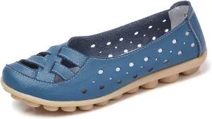 Flat Loafer for Women Comfortable Leather Loafers Ballet Flats Shoes Casual Wide Width Round Toe Slip on Flats with Breathable Eyelets