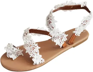 Flat Sandals for Women Dressy Flowers Lace Shoes Clip Toe Boho Pearls Floral Wedding Fashion Comfy Roman Shoes