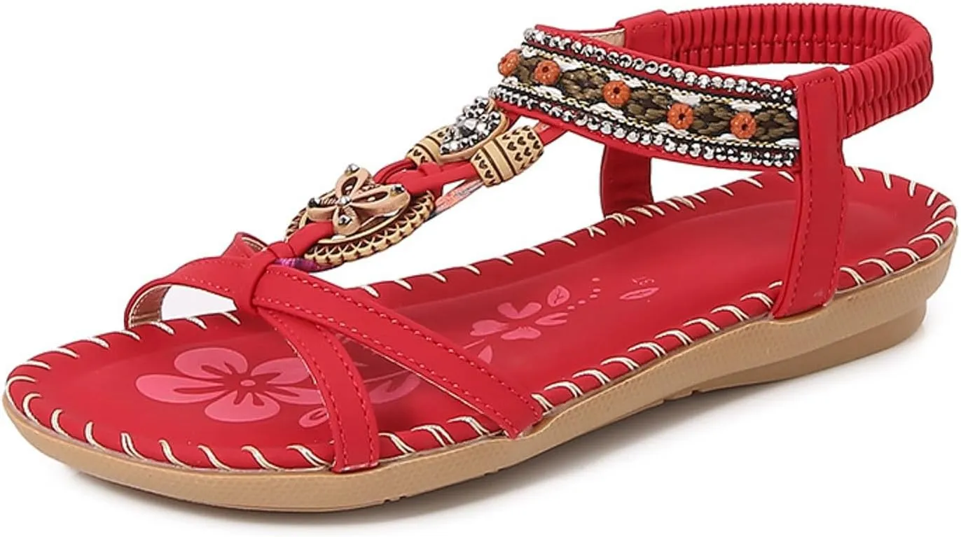 Flat Sandals for Women Dressy Open Toe Fashion Bohemian Lightweight Cushion Elastic Ankle Strap Summer Walking Shoes