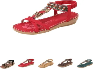 Flat Sandals for Women Dressy Open Toe Fashion Bohemian Lightweight Cushion Elastic Ankle Strap Summer Walking Shoes
