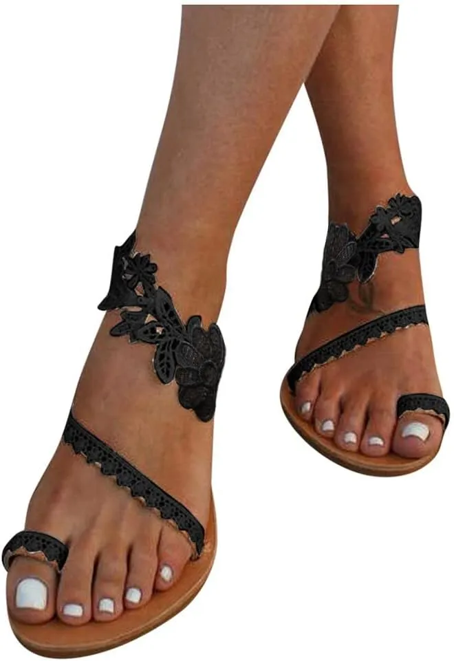 Flats Sandals for Women with Flower Pattern Arch Support Outdoor Shoes Hot Summer All Day Walking Casual Sandal