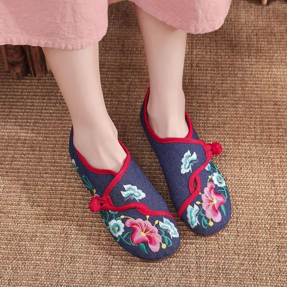 Flower Embroidered Women's Canvas Ballet Flats Ladies Casual Comfort Denim Cotton Embroidery Shoes
