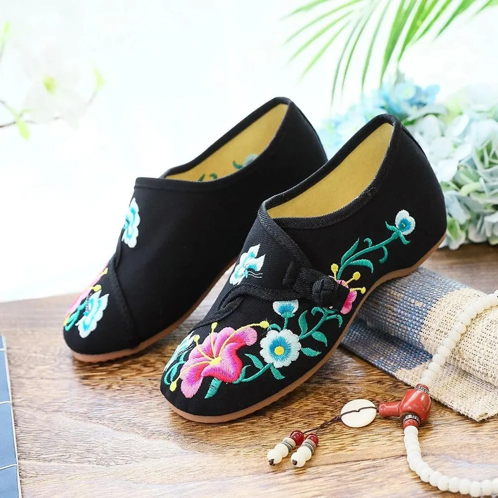 Flower Embroidered Women's Canvas Ballet Flats Ladies Casual Comfort Denim Cotton Embroidery Shoes