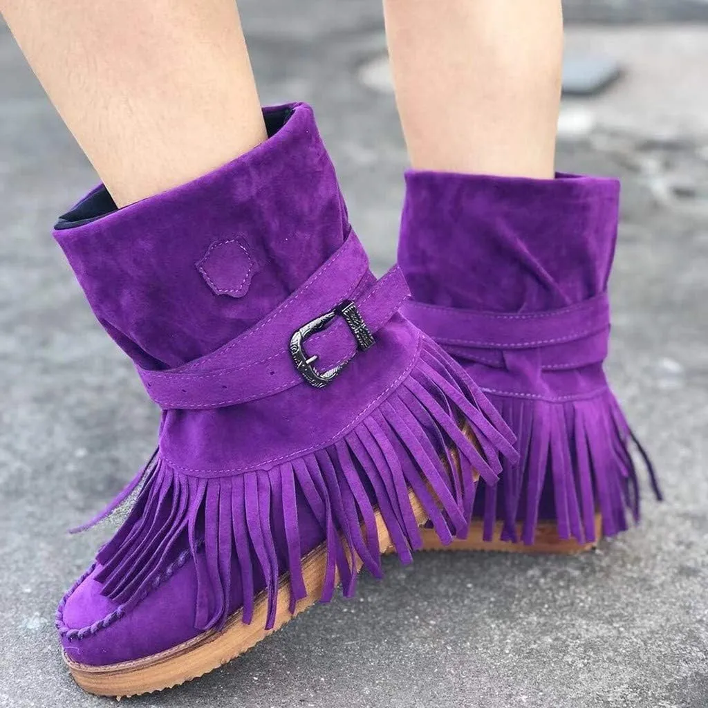 Gibobby Ankle Booties for Women Low Heel,Western Fringe Chunky Pointy Toe Boots Tassel Stacked Heel Suede Ankle Boots