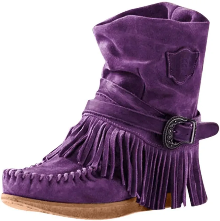 Gibobby Ankle Booties for Women Low Heel,Western Fringe Chunky Pointy Toe Boots Tassel Stacked Heel Suede Ankle Boots