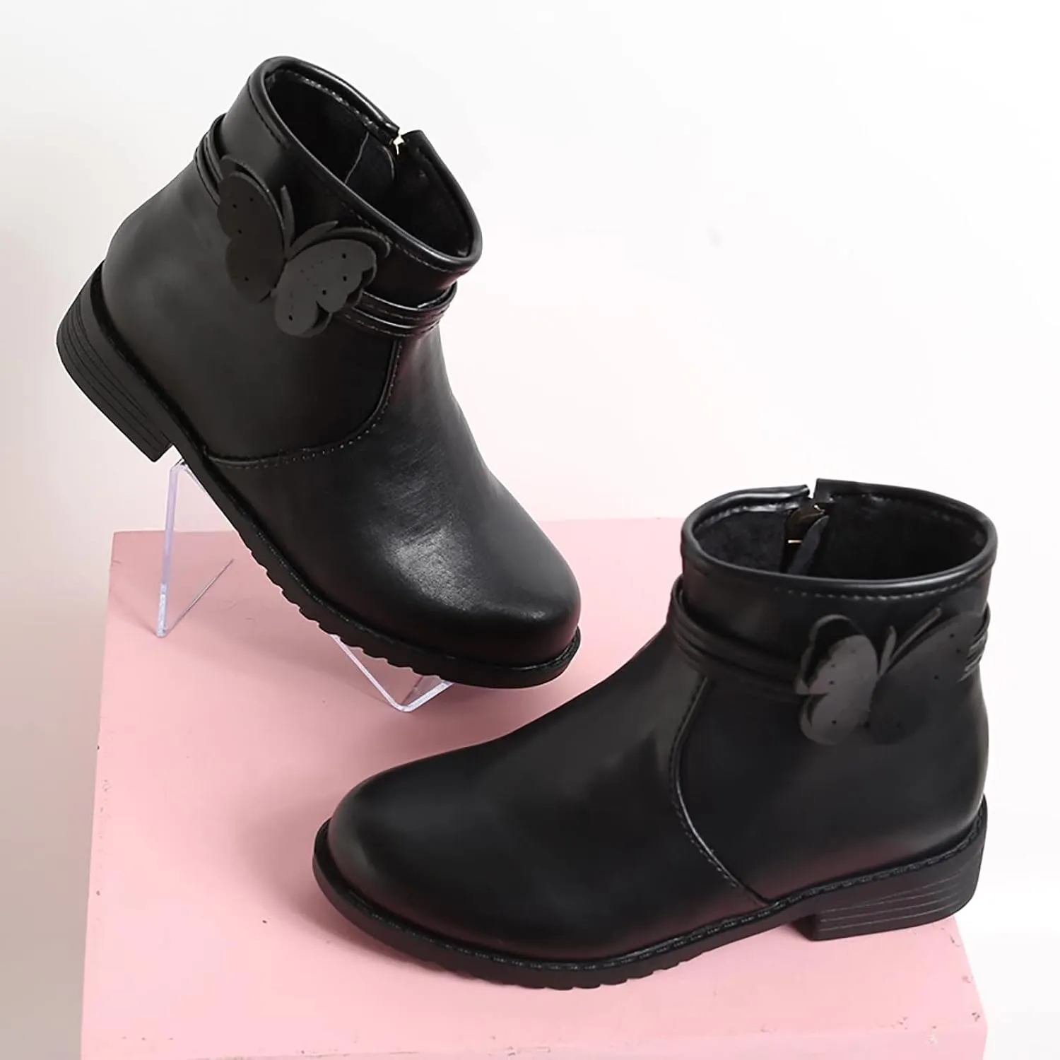 Girls Butterfly Decor Zip Side Boots Western Boots Kids Ankle Boots Girls Low Heel Riding Girls Water Proof Hiking Boots